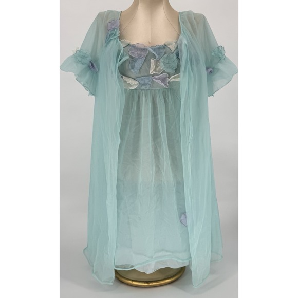 Vintage Aqua Blue Peignoir Set Sheer Robe Babydoll Nightgown Floral Women's 34